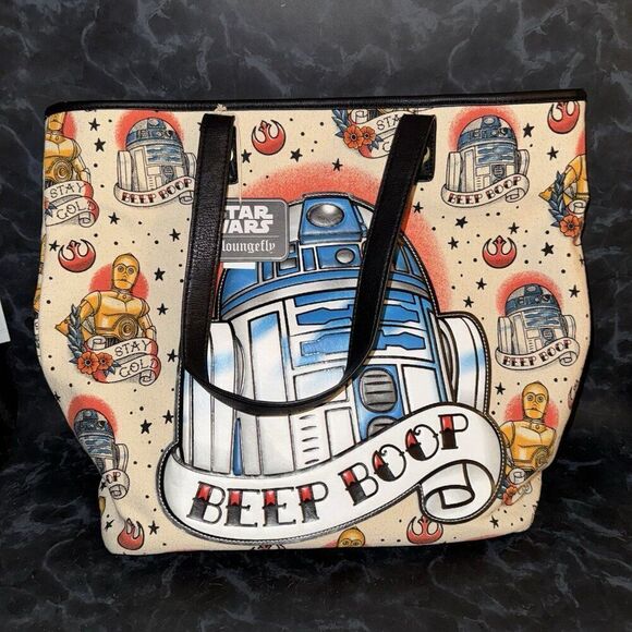 NWT Star Wars Loungefly Tote Bag R2d2 Beep Boop Shoulder Bag Tattoo Style - Picture 2 of 11